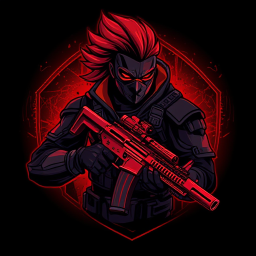 AI Design for Here’s a detailed prompt to create an image like the one you uploaded:"Create a highly detailed digital illustration of a futuristic warrior character with striking red hair swept to one side, wearing a dark tactical suit with armored details and a face mask. The character is holding a modern red rifle with intricate design elements. The background should have a dark, glowing red ambiance with subtle texturing, giving a dynamic and intense atmosphere. The overall style should be bold and graphic, with sharp lines and vibrant colors, similar to a video game or esports logo."