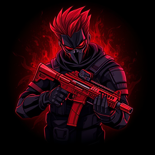 AI Design for Here’s a detailed prompt to create an image like the one you uploaded:"Create a highly detailed digital illustration of a futuristic warrior character with striking red hair swept to one side, wearing a dark tactical suit with armored details and a face mask. The character is holding a modern red rifle with intricate design elements. The background should have a dark, glowing red ambiance with subtle texturing, giving a dynamic and intense atmosphere. The overall style should be bold and graphic, with sharp lines and vibrant colors, similar to a video game or esports logo."