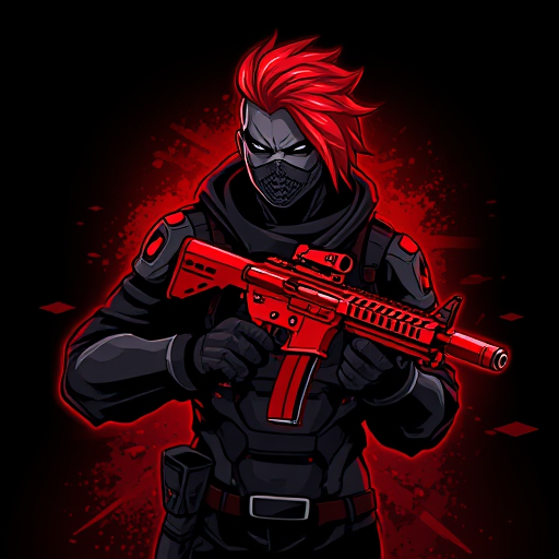 AI Design for Here’s a detailed prompt to create an image like the one you uploaded:"Create a highly detailed digital illustration of a futuristic warrior character with striking red hair swept to one side, wearing a dark tactical suit with armored details and a face mask. The character is holding a modern red rifle with intricate design elements. The background should have a dark, glowing red ambiance with subtle texturing, giving a dynamic and intense atmosphere. The overall style should be bold and graphic, with sharp lines and vibrant colors, similar to a video game or esports logo."