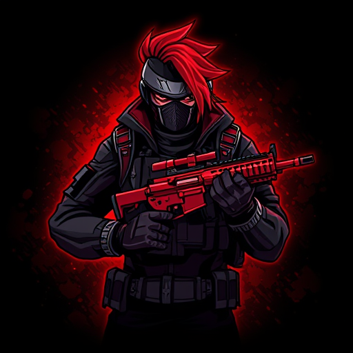 AI Design for Here’s a detailed prompt to create an image like the one you uploaded:"Create a highly detailed digital illustration of a futuristic warrior character with striking red hair swept to one side, wearing a dark tactical suit with armored details and a face mask. The character is holding a modern red rifle with intricate design elements. The background should have a dark, glowing red ambiance with subtle texturing, giving a dynamic and intense atmosphere. The overall style should be bold and graphic, with sharp lines and vibrant colors, similar to a video game or esports logo."