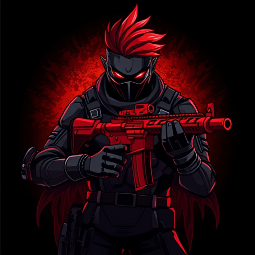 AI Design for Here’s a detailed prompt to create an image like the one you uploaded:"Create a highly detailed digital illustration of a futuristic warrior character with striking red hair swept to one side, wearing a dark tactical suit with armored details and a face mask. The character is holding a modern red rifle with intricate design elements. The background should have a dark, glowing red ambiance with subtle texturing, giving a dynamic and intense atmosphere. The overall style should be bold and graphic, with sharp lines and vibrant colors, similar to a video game or esports logo."