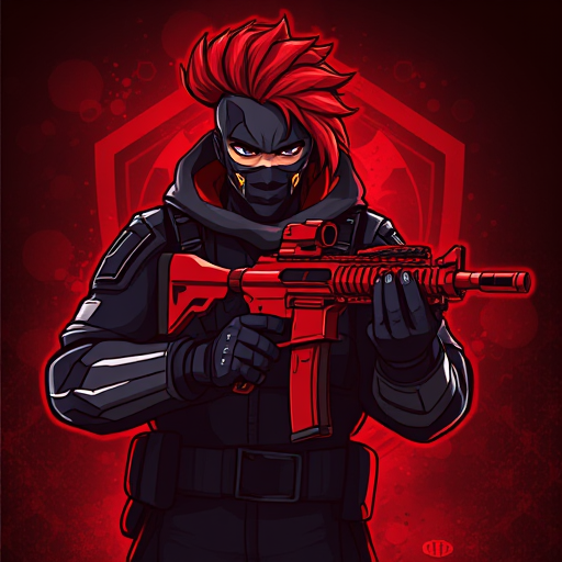 AI Design for Here’s a detailed prompt to create an image like the one you uploaded:"Create a highly detailed digital illustration of a futuristic warrior character with striking red hair swept to one side, wearing a dark tactical suit with armored details and a face mask. The character is holding a modern red rifle with intricate design elements. The background should have a dark, glowing red ambiance with subtle texturing, giving a dynamic and intense atmosphere. The overall style should be bold and graphic, with sharp lines and vibrant colors, similar to a video game or esports logo."