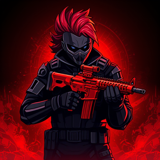 AI Design for Here’s a detailed prompt to create an image like the one you uploaded:"Create a highly detailed digital illustration of a futuristic warrior character with striking red hair swept to one side, wearing a dark tactical suit with armored details and a face mask. The character is holding a modern red rifle with intricate design elements. The background should have a dark, glowing red ambiance with subtle texturing, giving a dynamic and intense atmosphere. The overall style should be bold and graphic, with sharp lines and vibrant colors, similar to a video game or esports logo."
