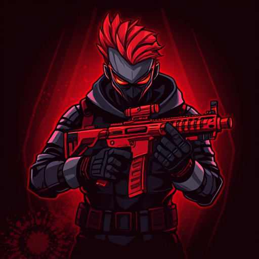 AI Design for Here’s a detailed prompt to create an image like the one you uploaded:"Create a highly detailed digital illustration of a futuristic warrior character with striking red hair swept to one side, wearing a dark tactical suit with armored details and a face mask. The character is holding a modern red rifle with intricate design elements. The background should have a dark, glowing red ambiance with subtle texturing, giving a dynamic and intense atmosphere. The overall style should be bold and graphic, with sharp lines and vibrant colors, similar to a video game or esports logo."