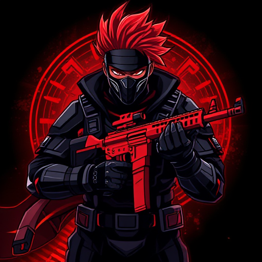 AI Design for Here’s a detailed prompt to create an image like the one you uploaded:"Create a highly detailed digital illustration of a futuristic warrior character with striking red hair swept to one side, wearing a dark tactical suit with armored details and a face mask. The character is holding a modern red rifle with intricate design elements. The background should have a dark, glowing red ambiance with subtle texturing, giving a dynamic and intense atmosphere. The overall style should be bold and graphic, with sharp lines and vibrant colors, similar to a video game or esports logo."