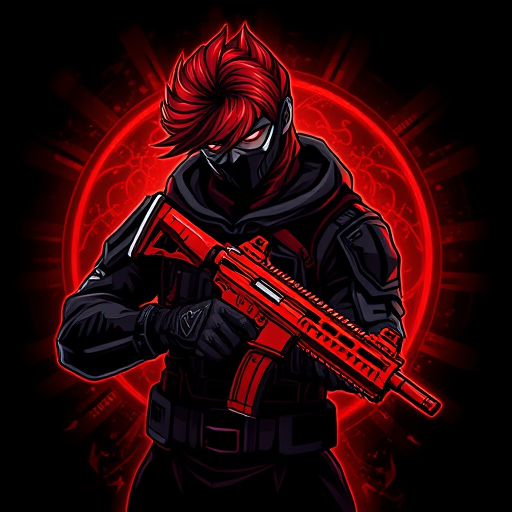 AI Design for Here’s a detailed prompt to create an image like the one you uploaded:"Create a highly detailed digital illustration of a futuristic warrior character with striking red hair swept to one side, wearing a dark tactical suit with armored details and a face mask. The character is holding a modern red rifle with intricate design elements. The background should have a dark, glowing red ambiance with subtle texturing, giving a dynamic and intense atmosphere. The overall style should be bold and graphic, with sharp lines and vibrant colors, similar to a video game or esports logo."