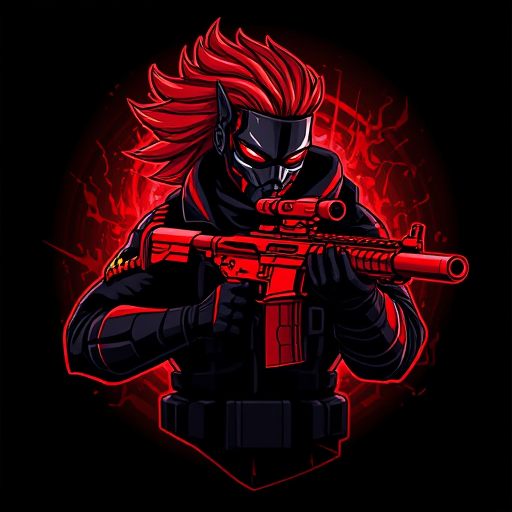 AI Design for Here’s a detailed prompt to create an image like the one you uploaded:"Create a highly detailed digital illustration of a futuristic warrior character with striking red hair swept to one side, wearing a dark tactical suit with armored details and a face mask. The character is holding a modern red rifle with intricate design elements. The background should have a dark, glowing red ambiance with subtle texturing, giving a dynamic and intense atmosphere. The overall style should be bold and graphic, with sharp lines and vibrant colors, similar to a video game or esports logo."