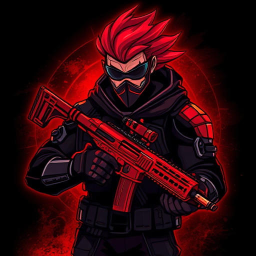 AI Design for Here’s a detailed prompt to create an image like the one you uploaded:"Create a highly detailed digital illustration of a futuristic warrior character with striking red hair swept to one side, wearing a dark tactical suit with armored details and a face mask. The character is holding a modern red rifle with intricate design elements. The background should have a dark, glowing red ambiance with subtle texturing, giving a dynamic and intense atmosphere. The overall style should be bold and graphic, with sharp lines and vibrant colors, similar to a video game or esports logo."