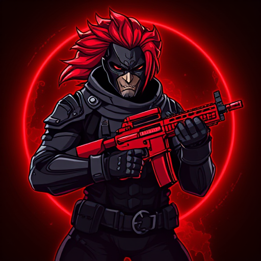 AI Design for Here’s a detailed prompt to create an image like the one you uploaded:"Create a highly detailed digital illustration of a futuristic warrior character with striking red hair swept to one side, wearing a dark tactical suit with armored details and a face mask. The character is holding a modern red rifle with intricate design elements. The background should have a dark, glowing red ambiance with subtle texturing, giving a dynamic and intense atmosphere. The overall style should be bold and graphic, with sharp lines and vibrant colors, similar to a video game or esports logo."