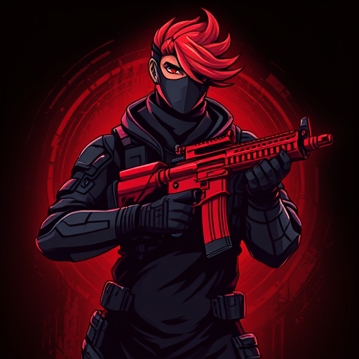 AI Design for Here’s a detailed prompt to create an image like the one you uploaded:"Create a highly detailed digital illustration of a futuristic warrior character with striking red hair swept to one side, wearing a dark tactical suit with armored details and a face mask. The character is holding a modern red rifle with intricate design elements. The background should have a dark, glowing red ambiance with subtle texturing, giving a dynamic and intense atmosphere. The overall style should be bold and graphic, with sharp lines and vibrant colors, similar to a video game or esports logo."