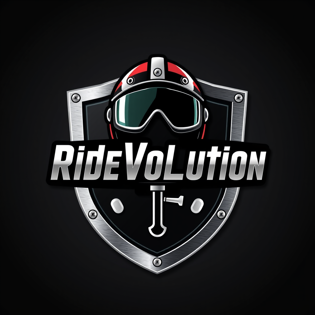 AI Design for Safety RideVolution logo 3d shape with metal background like shield plate with helmet and piston as ornament