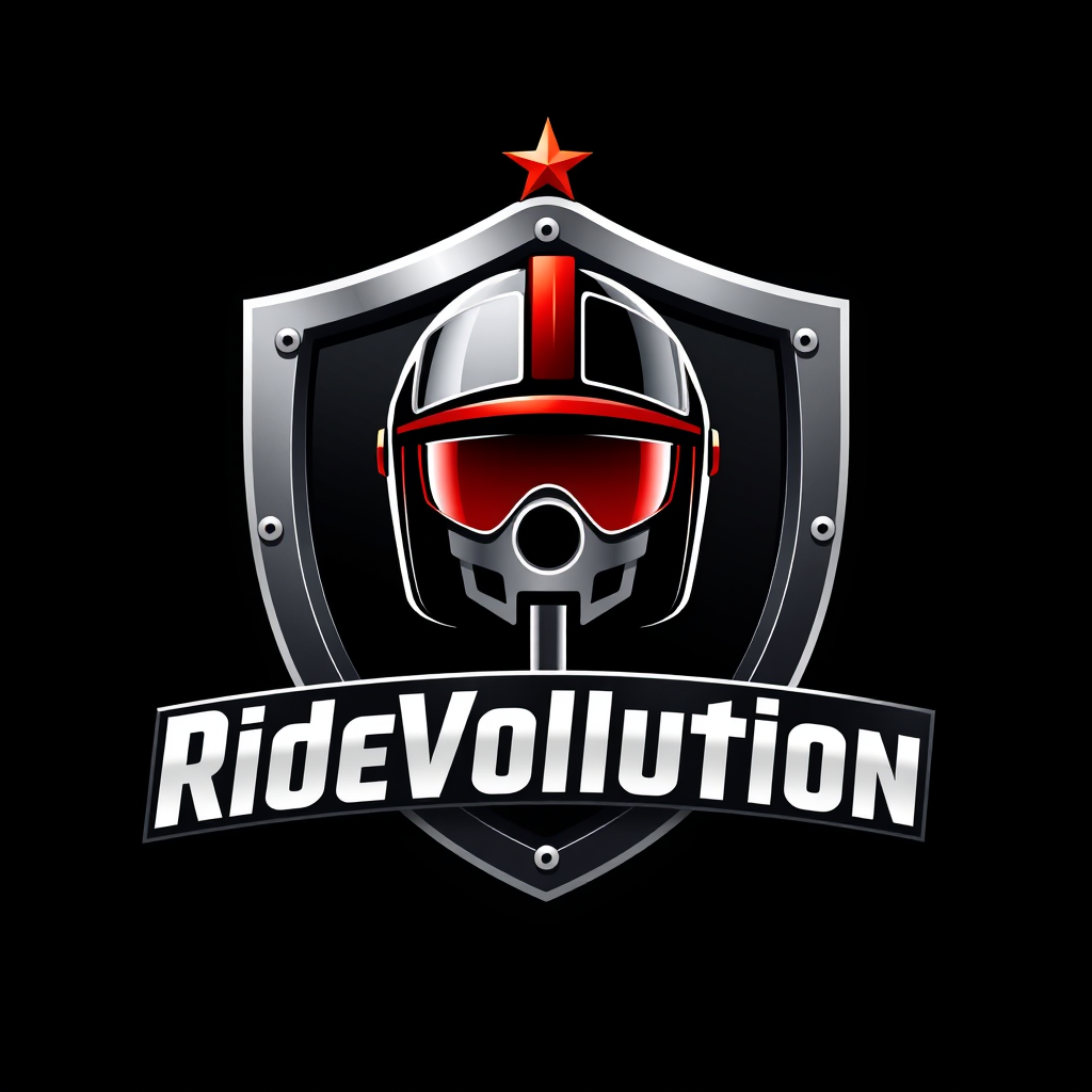 AI Design for Safety RideVolution logo 3d shape with metal background like shield plate with helmet and piston as ornament