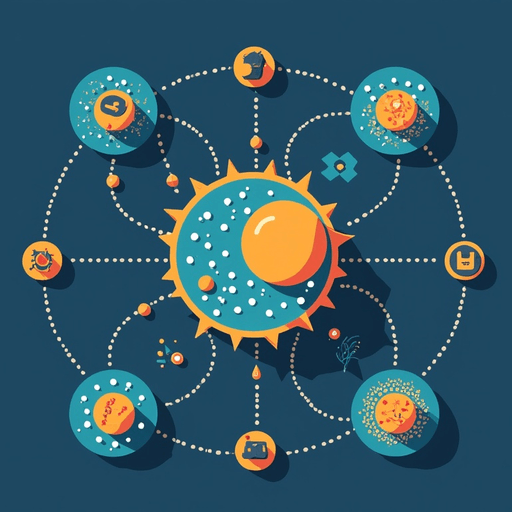 AI Design for Logo for a research group. A bacterial E. coli cell is at the center. Connections to microgiology, microfluidics, theoretical modeling, computational modeling extend from the cell into their individual icons. Style is flat, colourful.