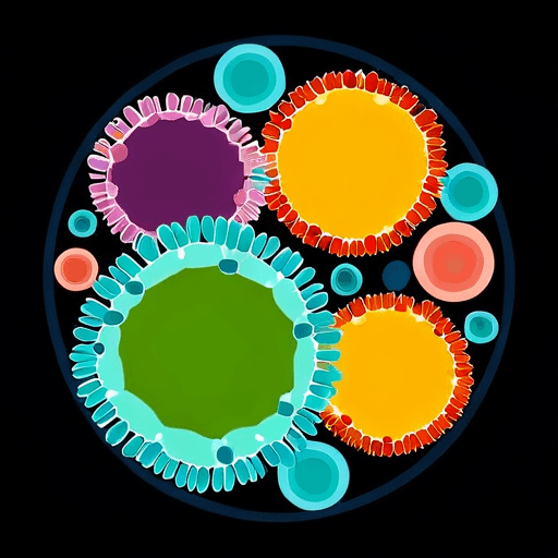 AI Design for Interacting bacterial cells. Style is scientifically accurate cells, flat, colourful