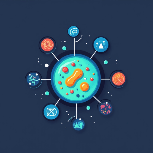 AI Design for Logo for a research group. A bacterial E. coli cell is at the center. Connections to microgiology, microfluidics, theoretical modeling, computational modeling extend from the cell into their individual icons. Style is flat, colourful.