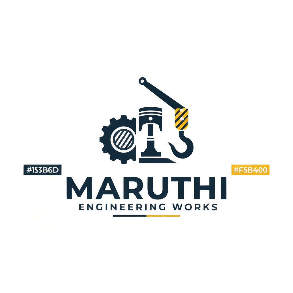 AI Design for Design a premium modern industrial logo for "Maruthi Engineering Works", a company that manufactures and supplies high-quality spare parts for cranes, JCBs, excavators, loaders, and heavy construction machinery.
Create a bold geometric emblem combining a gear, mechanical bearing, hydraulic piston, and an abstract crane hook into one clean icon. The design should symbolize strength, precision engineering, durability, and trust.
Typography should be bold uppercase sans-serif with excellent readability.
Color palette:
Deep Industrial Blue (#153B6D)
Construction Yellow (#F5B400)
Gunmetal Grey (#4A4A4A)
Flat vector style, minimal, timeless, scalable, premium branding, white background, balanced composition, negative space, suitable for signage, business cards, machinery branding, uniforms, invoices, and website.
Avoid clipart, gradients, shadows, mascots, cartoon style, excessive details, and generic stock logos.