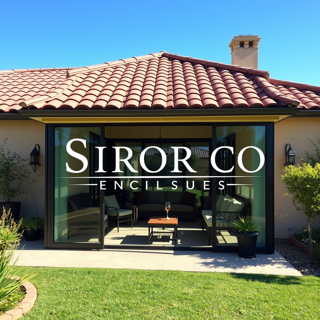 AI Design for make a logo based on this:-Name of product: Sirocco Enclosures -Product: High-End Retractable Glass Patio Enclosure -Style: Elegant/Luxurious yet minimalistic/simple. -Color Palette: Tuscan/Mediterranean/Sandy colors: Sandy/Browns/Slate Blue/Olive no bold colors