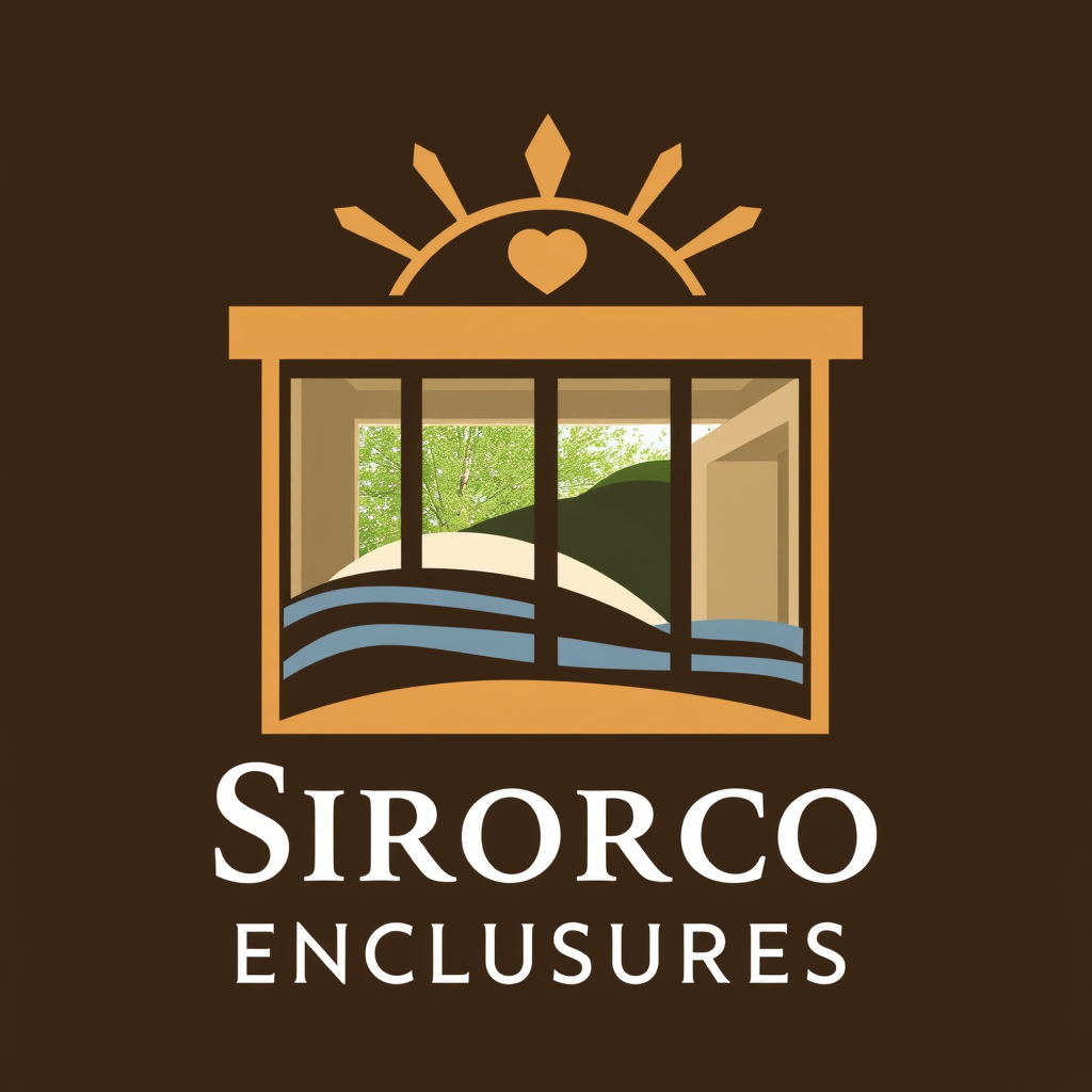 AI Design for make a logo based on this:-Name of product: Sirocco Enclosures -Product: High-End Retractable Glass Patio Enclosure -Style: Elegant/Luxurious yet minimalistic/simple. -Color Palette: Tuscan/Mediterranean/Sandy colors: Sandy/Browns/Slate Blue/Olive no bold colors