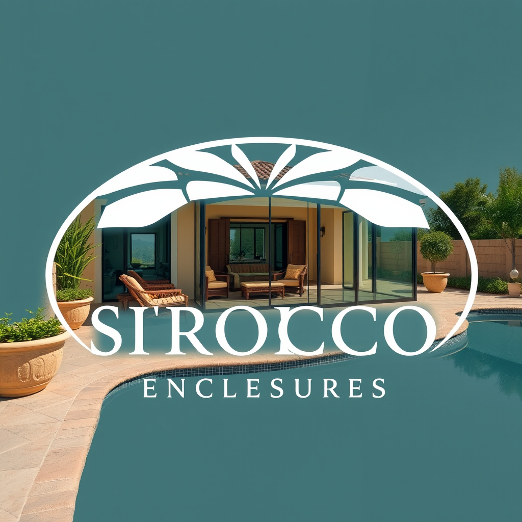 AI Design for make a logo based on this:-Name of product: Sirocco Enclosures -Product: High-End Retractable Glass Patio Enclosure -Style: Elegant/Luxurious yet minimalistic/simple. -Color Palette: Tuscan/Mediterranean/Sandy colors: Sandy/Browns/Slate Blue/Olive no bold colors