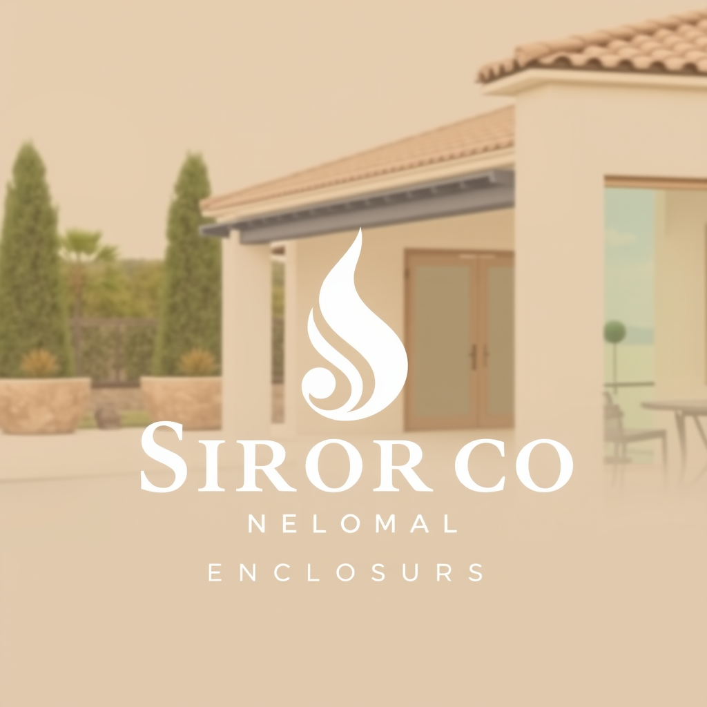 AI Design for make a logo based on this:-Name of product: Sirocco Enclosures -Product: High-End Retractable Glass Patio Enclosure -Style: Elegant/Luxurious yet minimalistic/simple. -Color Palette: Tuscan/Mediterranean/Sandy colors: Sandy/Browns/Slate Blue/Olive no bold colors