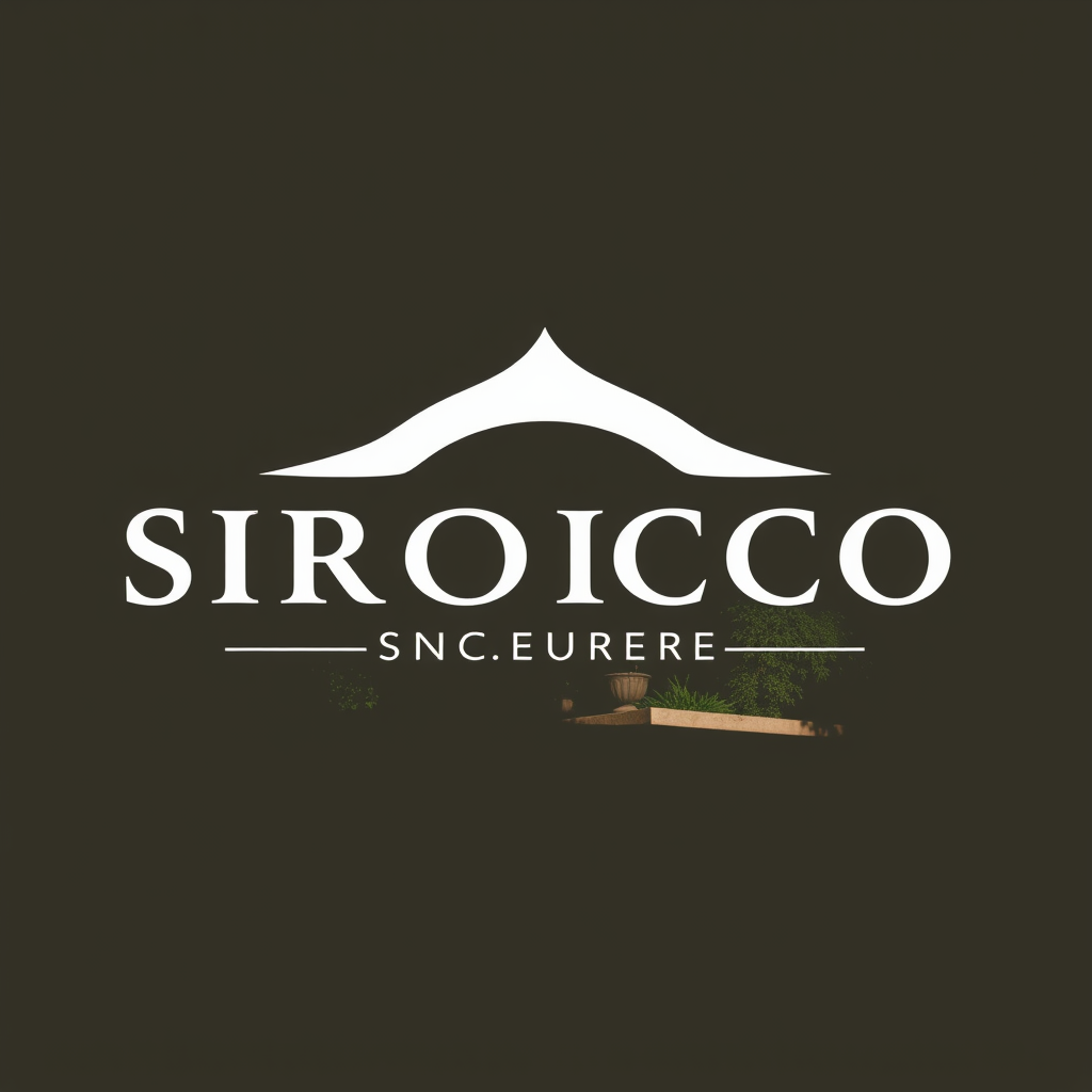 AI Design for make a logo based on this:-Name of product: Sirocco Enclosures -Product: High-End Retractable Glass Patio Enclosure -Style: Elegant/Luxurious yet minimalistic/simple. -Color Palette: Tuscan/Mediterranean/Sandy colors: Sandy/Browns/Slate Blue/Olive no bold colors