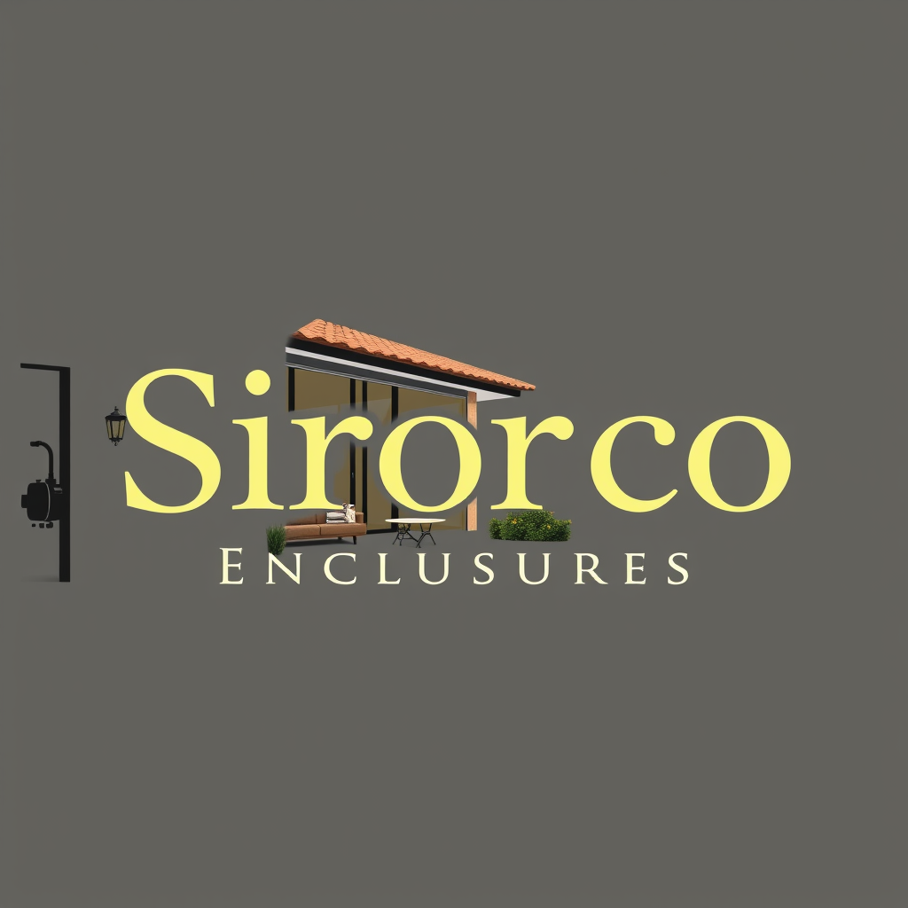 AI Design for make a logo based on this:-Name of product: Sirocco Enclosures -Product: High-End Retractable Glass Patio Enclosure -Style: Elegant/Luxurious yet minimalistic/simple. -Color Palette: Tuscan/Mediterranean/Sandy colors: Sandy/Browns/Slate Blue/Olive no bold colors