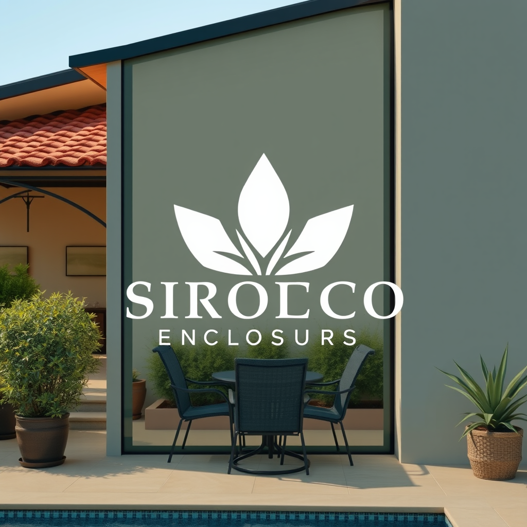 AI Design for make a logo based on this:-Name of product: Sirocco Enclosures -Product: High-End Retractable Glass Patio Enclosure -Style: Elegant/Luxurious yet minimalistic/simple. -Color Palette: Tuscan/Mediterranean/Sandy colors: Sandy/Browns/Slate Blue/Olive no bold colors