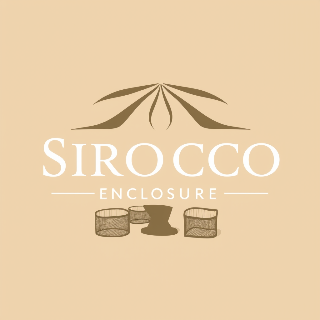 AI Design for make a logo based on this:-Name of product: Sirocco Enclosures -Product: High-End Retractable Glass Patio Enclosure -Style: Elegant/Luxurious yet minimalistic/simple. -Color Palette: Tuscan/Mediterranean/Sandy colors: Sandy/Browns/Slate Blue/Olive no bold colors