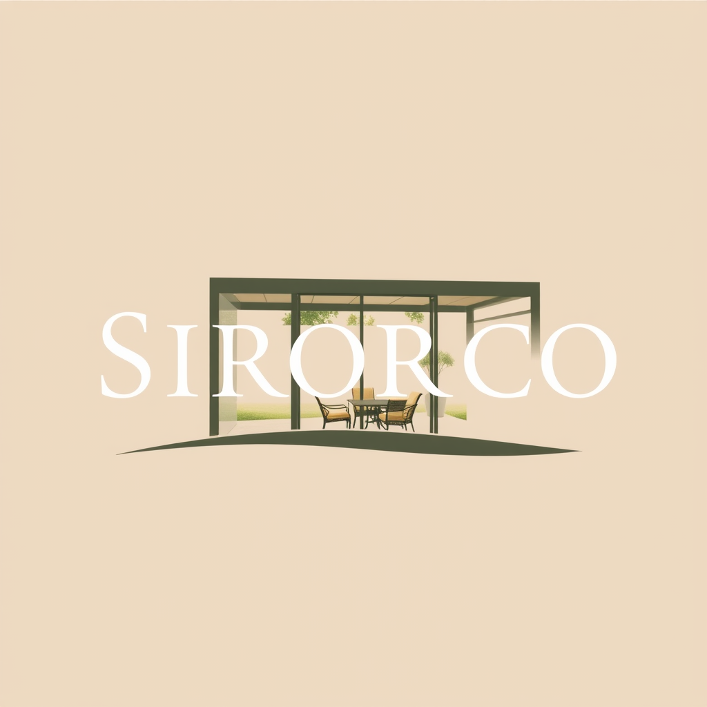 AI Design for make a logo based on this:-Name of product: Sirocco Enclosures -Product: High-End Retractable Glass Patio Enclosure -Style: Elegant/Luxurious yet minimalistic/simple. -Color Palette: Tuscan/Mediterranean/Sandy colors: Sandy/Browns/Slate Blue/Olive no bold colors