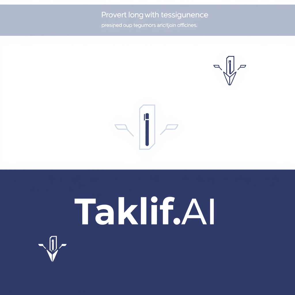AI Design for Design a modern, tech-inspired logo for a startup called 'Taklif.AI.' The word 'Taklif' is Arabic for 'assignment.' Incorporate key elements such as a pen, symbolizing assignments and learning, along with an AI or digital motif to represent artificial intelligence. Use clean lines, minimalist shapes, and a professional color scheme that reflects innovation, education, and technology.