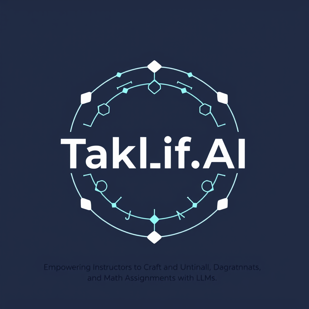 AI Design for Design a modern, tech-inspired logo for a startup called 'Taklif.AI.' The word 'Taklif' is Arabic for 'assignment.' our slogan is Empowering Instructors to Craft Unique and Original Programming, Data Science, and Math Assignments with LLMs