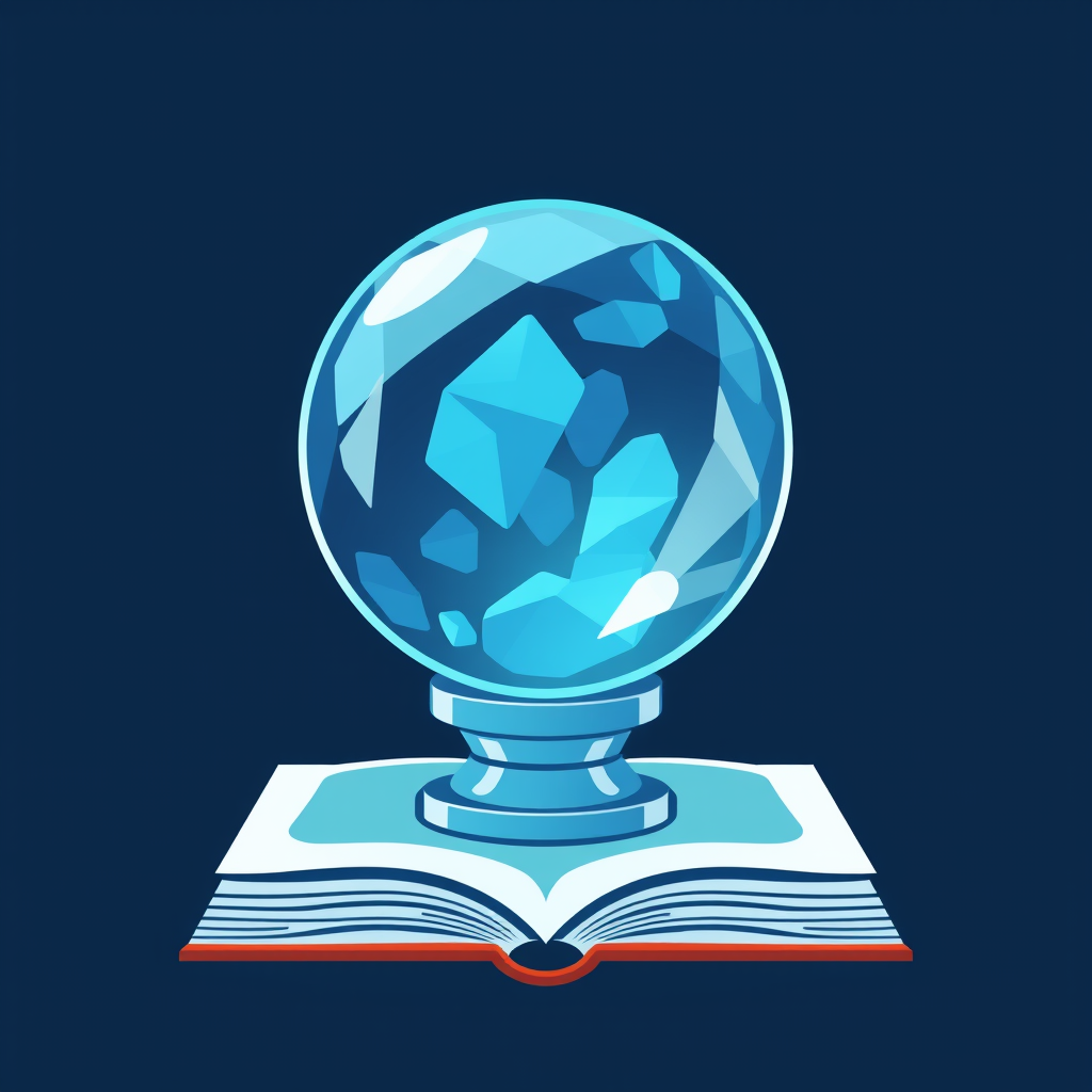 AI Design for Create an icon that contains crystal ball and book, the style should be flat