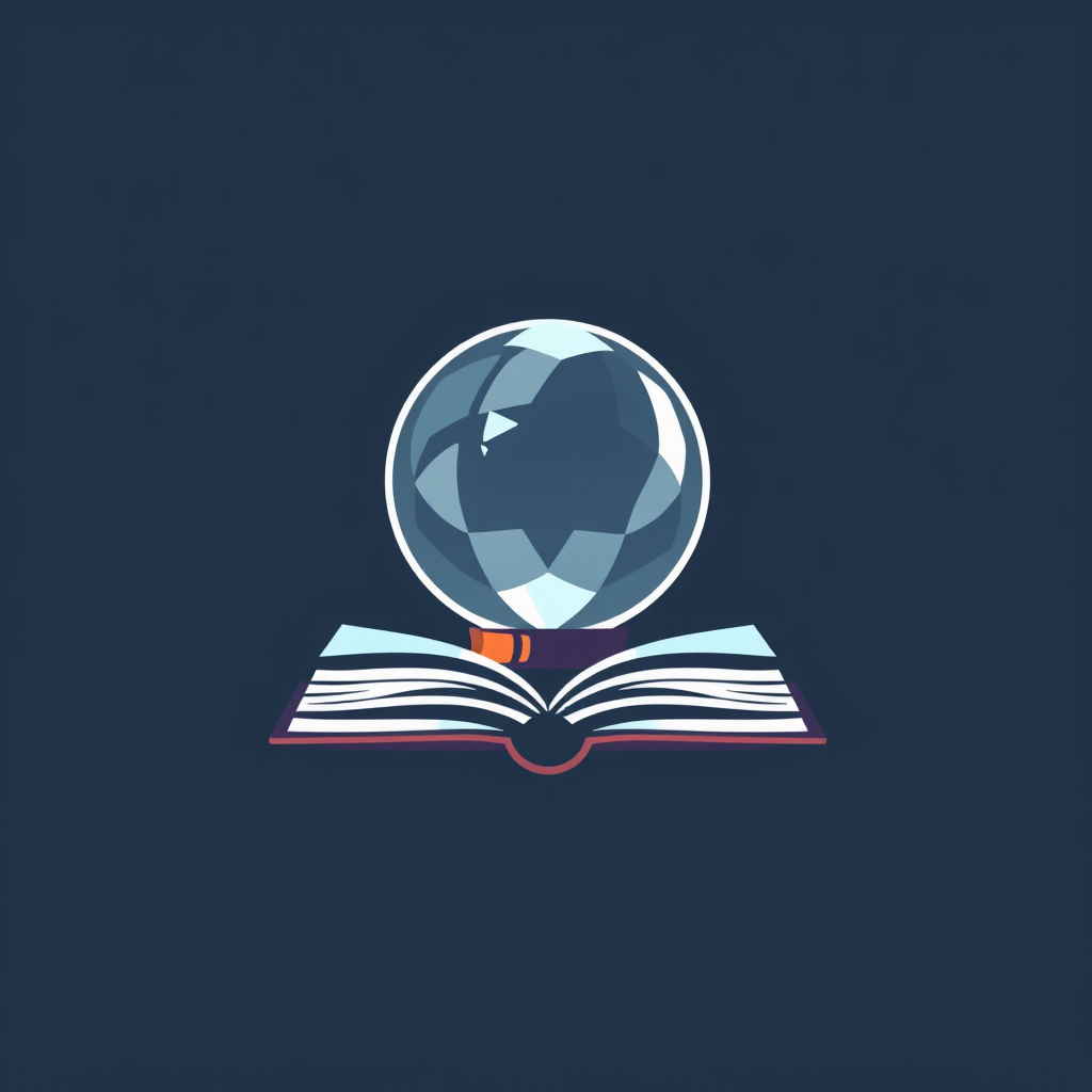 AI Design for Create an icon that contains crystal ball and book, the style should be flat
