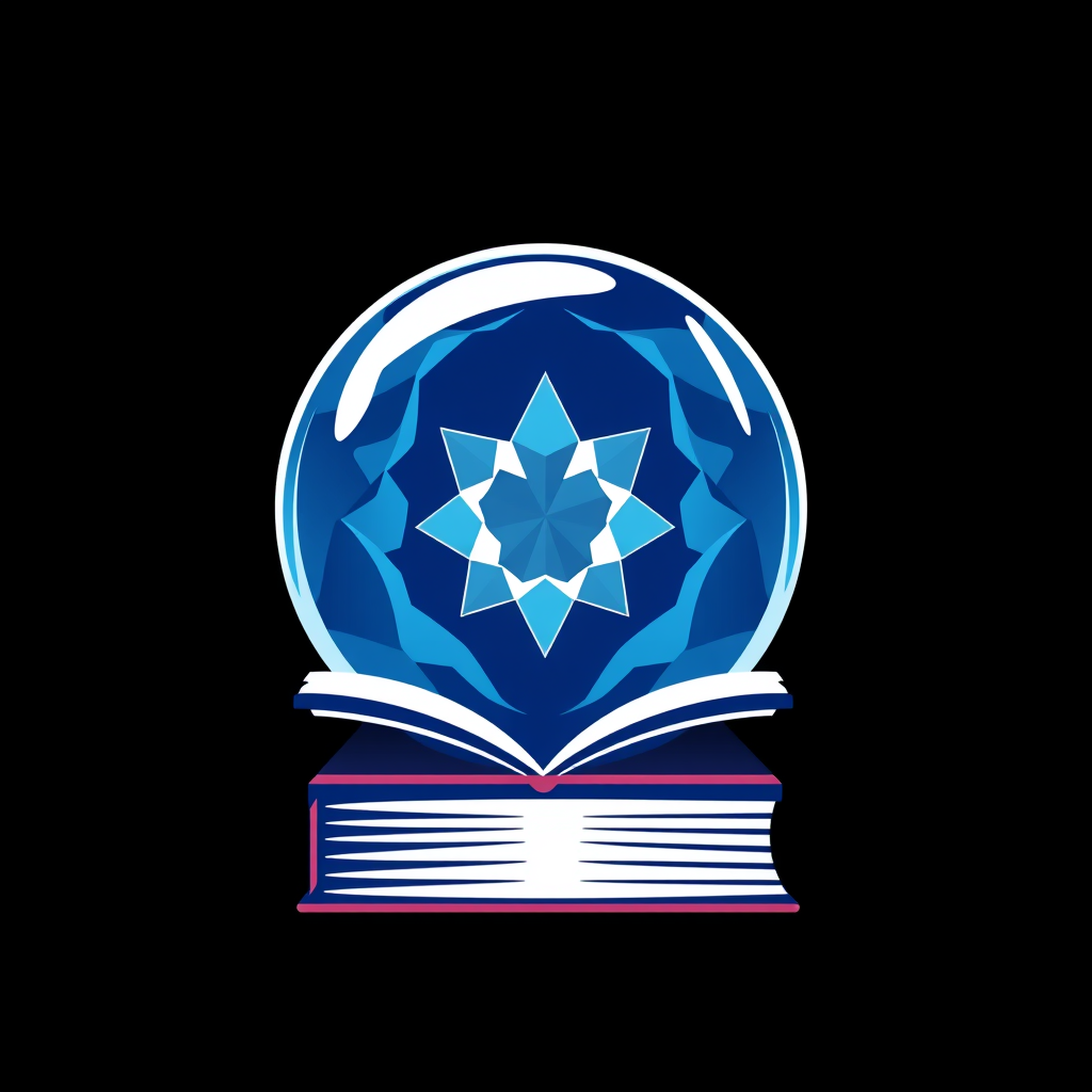 AI Design for Create an icon that contains crystal ball and book, the style should be flat make it with one color