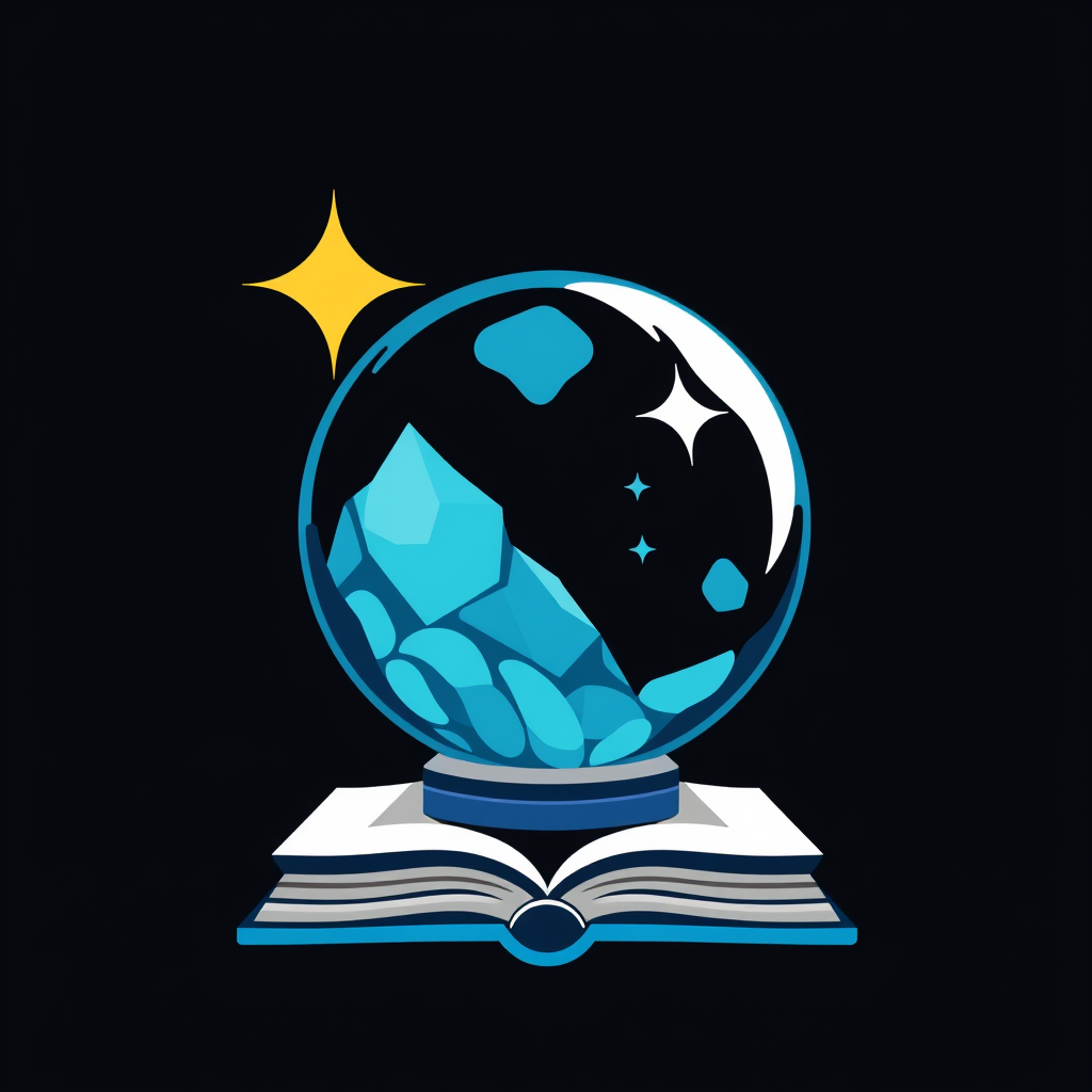 AI Design for Create an icon that contains crystal ball and book, the style should be flat make it with one color
