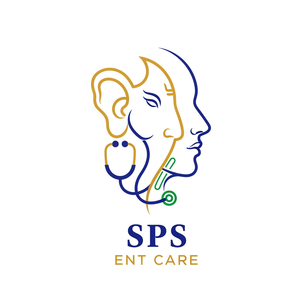 Design a premium, elegant, and timeless flat vector logo for an ENT hospital named **SPS ENT CARE**. Create a unique monoline symbol inspired by Lord Ganesha in a subtle and sophisticated way, without making it look like a religious illustration. Use Ganesha's ear as the primary element on the left, seamlessly integrate a clean human side profile with a clearly visible nose and throat using continuous flowing lines, and transform Ganesha's tusk into a stethoscope to symbolize compassionate medical care. The entire icon should represent **Ear, Nose, and Throat** as one unified symbol rather than using separate icons. The design should have a divine yet professional healthcare feel, expressing trust, healing, wisdom, and care. Use a luxurious color palette with **Metallic Gold** as the primary color, complemented by **Royal Blue** and **Emerald Green** accents. Keep the artwork minimal, balanced, and easy to recreate in **CorelDRAW** using simple vector curves. Avoid gradients, 3D effects, shadows, textures, bevels, clipart, and overly detailed illustrations. Use an elegant serif font for **SPS** and a clean modern sans-serif font for **ENT CARE**. The final logo should look original, memorable, premium, and suitable for hospital signage, visiting cards, letterheads, prescriptions, uniforms, websites, and all branding materials on a clean white background.