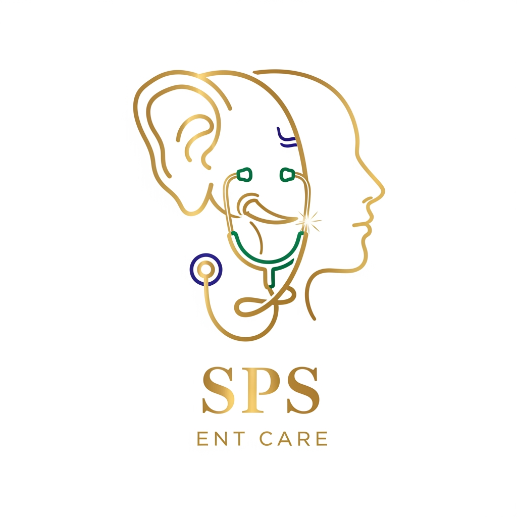Design a premium, elegant, and timeless flat vector logo for an ENT hospital named **SPS ENT CARE**. Create a unique monoline symbol inspired by Lord Ganesha in a subtle and sophisticated way, without making it look like a religious illustration. Use Ganesha's ear as the primary element on the left, seamlessly integrate a clean human side profile with a clearly visible nose and throat using continuous flowing lines, and transform Ganesha's tusk into a stethoscope to symbolize compassionate medical care. The entire icon should represent **Ear, Nose, and Throat** as one unified symbol rather than using separate icons. The design should have a divine yet professional healthcare feel, expressing trust, healing, wisdom, and care. Use a luxurious color palette with **Metallic Gold** as the primary color, complemented by **Royal Blue** and **Emerald Green** accents. Keep the artwork minimal, balanced, and easy to recreate in **CorelDRAW** using simple vector curves. Avoid gradients, 3D effects, shadows, textures, bevels, clipart, and overly detailed illustrations. Use an elegant serif font for **SPS** and a clean modern sans-serif font for **ENT CARE**. The final logo should look original, memorable, premium, and suitable for hospital signage, visiting cards, letterheads, prescriptions, uniforms, websites, and all branding materials on a clean white background.