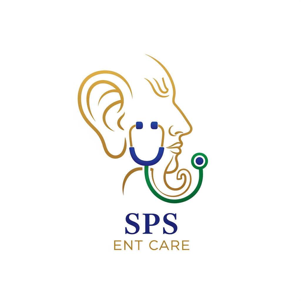Design a premium, elegant, and timeless flat vector logo for an ENT hospital named **SPS ENT CARE**. Create a unique monoline symbol inspired by Lord Ganesha in a subtle and sophisticated way, without making it look like a religious illustration. Use Ganesha's ear as the primary element on the left, seamlessly integrate a clean human side profile with a clearly visible nose and throat using continuous flowing lines, and transform Ganesha's tusk into a stethoscope to symbolize compassionate medical care. The entire icon should represent **Ear, Nose, and Throat** as one unified symbol rather than using separate icons. The design should have a divine yet professional healthcare feel, expressing trust, healing, wisdom, and care. Use a luxurious color palette with **Metallic Gold** as the primary color, complemented by **Royal Blue** and **Emerald Green** accents. Keep the artwork minimal, balanced, and easy to recreate in **CorelDRAW** using simple vector curves. Avoid gradients, 3D effects, shadows, textures, bevels, clipart, and overly detailed illustrations. Use an elegant serif font for **SPS** and a clean modern sans-serif font for **ENT CARE**. The final logo should look original, memorable, premium, and suitable for hospital signage, visiting cards, letterheads, prescriptions, uniforms, websites, and all branding materials on a clean white background.