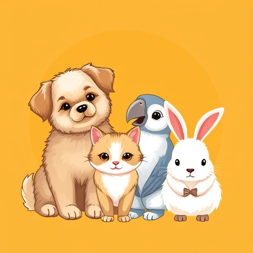 AI Design for Create an illustration logo for an Instagram page named 'Elegant Fur Tales,' showcasing a cute and vibrant arrangement of a fluffy dog, a soft-furred cat, an expressive parrot, and a fluffy rabbit. Each animal should be drawn with detailed textures, emphasizing their unique fur or feathers to highlight their charm and elegance. Arrange the animals in a circle or crescent shape, as if they are interacting with each other, creating a warm and friendly atmosphere.Use a warm dark yellow background, contrasting with softer shades for the animals. The design should capture each animal's playful and adorable qualities with expressive eyes and slight shading, giving a sense of depth and realism. Ensure the style is illustrative yet approachable, embodying a sense of elegance and companionship that resonates with pet lovers and the cozy aesthetic of 'Elegant Fur Tales.