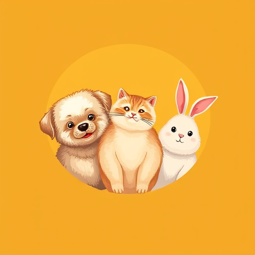 AI Design for Create an illustration logo for an Instagram page named 'Elegant Fur Tales,' showcasing a cute and vibrant arrangement of a fluffy dog, a soft-furred cat, an expressive parrot, and a fluffy rabbit. Each animal should be drawn with detailed textures, emphasizing their unique fur or feathers to highlight their charm and elegance. Arrange the animals in a circle or crescent shape, as if they are interacting with each other, creating a warm and friendly atmosphere.Use a warm dark yellow background, contrasting with softer shades for the animals. The design should capture each animal's playful and adorable qualities with expressive eyes and slight shading, giving a sense of depth and realism. Ensure the style is illustrative yet approachable, embodying a sense of elegance and companionship that resonates with pet lovers and the cozy aesthetic of 'Elegant Fur Tales.