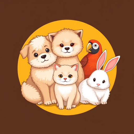 AI Design for Create an illustration logo for an Instagram page named 'Elegant Fur Tales,' showcasing a cute and vibrant arrangement of a fluffy dog, a soft-furred cat, an expressive parrot, and a fluffy rabbit. Each animal should be drawn with detailed textures, emphasizing their unique fur or feathers to highlight their charm and elegance. Arrange the animals in a circle or crescent shape, as if they are interacting with each other, creating a warm and friendly atmosphere.Use a warm dark yellow background, contrasting with softer shades for the animals. The design should capture each animal's playful and adorable qualities with expressive eyes and slight shading, giving a sense of depth and realism. Ensure the style is illustrative yet approachable, embodying a sense of elegance and companionship that resonates with pet lovers and the cozy aesthetic of 'Elegant Fur Tales.