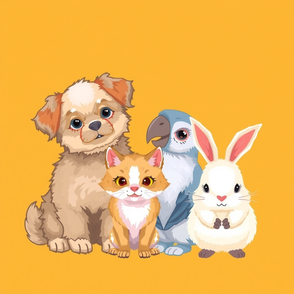 AI Design for Create an illustration logo for an Instagram page named 'Elegant Fur Tales,' showcasing a cute and vibrant arrangement of a fluffy dog, a soft-furred cat, an expressive parrot, and a fluffy rabbit. Each animal should be drawn with detailed textures, emphasizing their unique fur or feathers to highlight their charm and elegance. Arrange the animals in a circle or crescent shape, as if they are interacting with each other, creating a warm and friendly atmosphere.Use a warm dark yellow background, contrasting with softer shades for the animals. The design should capture each animal's playful and adorable qualities with expressive eyes and slight shading, giving a sense of depth and realism. Ensure the style is illustrative yet approachable, embodying a sense of elegance and companionship that resonates with pet lovers and the cozy aesthetic of 'Elegant Fur Tales.