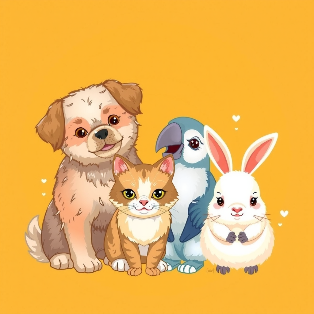 AI Design for Create an illustration logo for an Instagram page named 'Elegant Fur Tales,' showcasing a cute and vibrant arrangement of a fluffy dog, a soft-furred cat, an expressive parrot, and a fluffy rabbit. Each animal should be drawn with detailed textures, emphasizing their unique fur or feathers to highlight their charm and elegance. Arrange the animals in a circle or crescent shape, as if they are interacting with each other, creating a warm and friendly atmosphere.Use a warm dark yellow background, contrasting with softer shades for the animals. The design should capture each animal's playful and adorable qualities with expressive eyes and slight shading, giving a sense of depth and realism. Ensure the style is illustrative yet approachable, embodying a sense of elegance and companionship that resonates with pet lovers and the cozy aesthetic of 'Elegant Fur Tales.