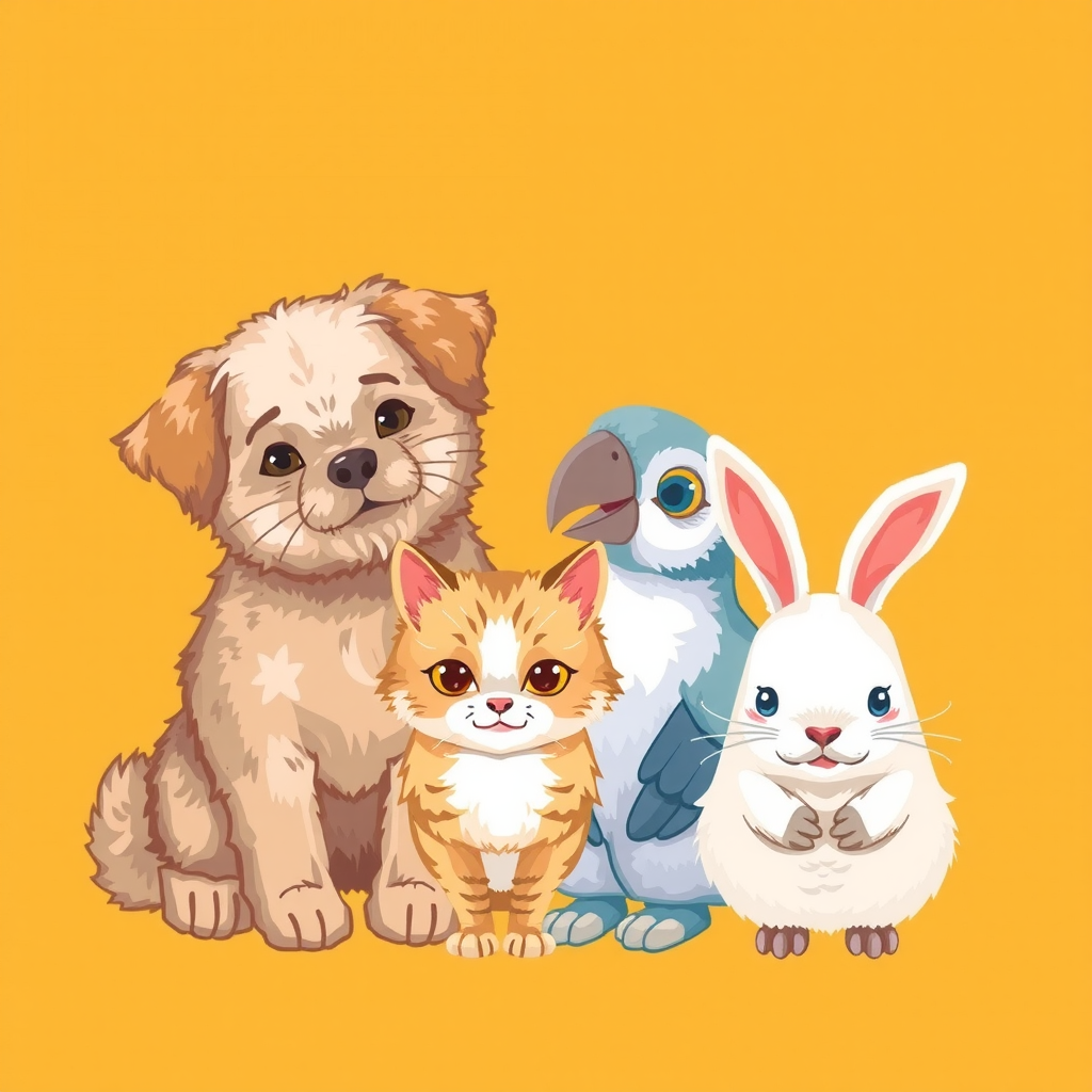 AI Design for Create an illustration logo for an Instagram page named 'Elegant Fur Tales,' showcasing a cute and vibrant arrangement of a fluffy dog, a soft-furred cat, an expressive parrot, and a fluffy rabbit. Each animal should be drawn with detailed textures, emphasizing their unique fur or feathers to highlight their charm and elegance. Arrange the animals in a circle or crescent shape, as if they are interacting with each other, creating a warm and friendly atmosphere.Use a warm dark yellow background, contrasting with softer shades for the animals. The design should capture each animal's playful and adorable qualities with expressive eyes and slight shading, giving a sense of depth and realism. Ensure the style is illustrative yet approachable, embodying a sense of elegance and companionship that resonates with pet lovers and the cozy aesthetic of 'Elegant Fur Tales.