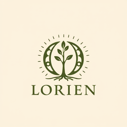 AI Design for “Design a logo for a company named Lorien, embodying values of Abundance, Stability, Visionary thinking, Magic, Community, and Grit. Use an ancient, solid font that feels strong and grounded, with the letter ‘O’ as a central icon symbolizing tree rings and growth. The ‘O’ should have a small sprout or crown emerging organically, representing renewal and leadership. Integrate a subtle foundation at the bottom of the letters for stability, and add a soft, radiating pattern around the design to convey community and abundance. Include lilac accents for a mystical touch. The ‘O’ icon should also work well as a standalone symbol.”