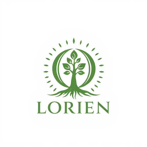 AI Design for “Design a logo for a company named Lorien, embodying values of Abundance, Stability, Visionary thinking, Magic, Community, and Grit. Use an ancient, solid font that feels strong and grounded, with the letter ‘O’ as a central icon symbolizing tree rings and growth. The ‘O’ should have a small sprout or crown emerging organically, representing renewal and leadership. Integrate a subtle foundation at the bottom of the letters for stability, and add a soft, radiating pattern around the design to convey community and abundance. Include lilac accents for a mystical touch. The ‘O’ icon should also work well as a standalone symbol.”
