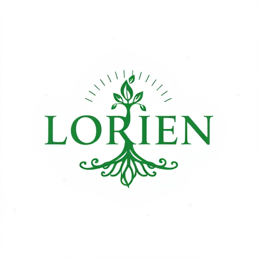 AI Design for “Design a logo for a company named Lorien, embodying values of Abundance, Stability, Visionary thinking, Magic, Community, and Grit. Use an ancient, solid font that feels strong and grounded, with the letter ‘O’ as a central icon symbolizing tree rings and growth. The ‘O’ should have a small sprout or crown emerging organically, representing renewal and leadership. Integrate a subtle foundation at the bottom of the letters for stability, and add a soft, radiating pattern around the design to convey community and abundance. Include lilac accents for a mystical touch. The ‘O’ icon should also work well as a standalone symbol.”