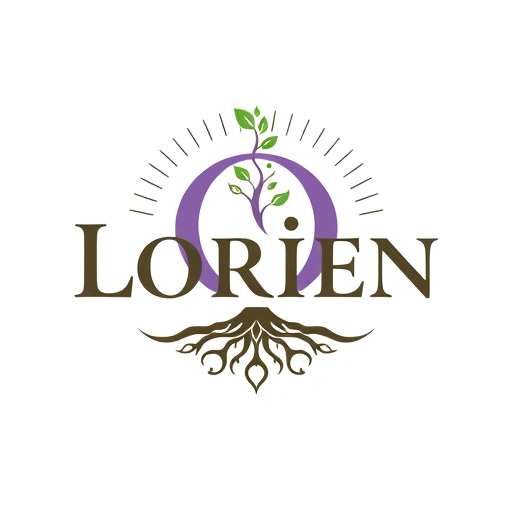 AI Design for “Design a logo for a company named Lorien, embodying values of Abundance, Stability, Visionary thinking, Magic, Community, and Grit. Use an ancient, solid font that feels strong and grounded, with the letter ‘O’ as a central icon symbolizing tree rings and growth. The ‘O’ should have a small sprout or crown emerging organically, representing renewal and leadership. Integrate a subtle foundation at the bottom of the letters for stability, and add a soft, radiating pattern around the design to convey community and abundance. Include lilac accents for a mystical touch. The ‘O’ icon should also work well as a standalone symbol.”