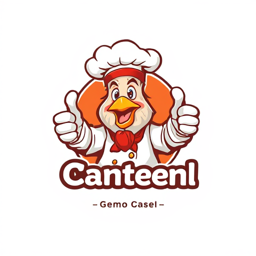 AI Design for change to chef became like cartoon with commercial acting and the name of logo is Canteen Gemboel. Change the face with chicken and the text must be correct Canteen Gemboel the maskot change instead using thumbs up and the looks from right side