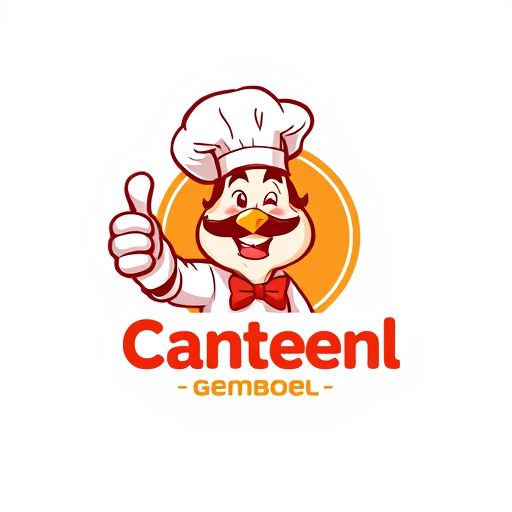 AI Design for change to chef became like cartoon with commercial acting and the name of logo is Canteen Gemboel. Change the face with chicken and the text must be correct Canteen Gemboel the maskot change instead using thumbs up and the looks from right side